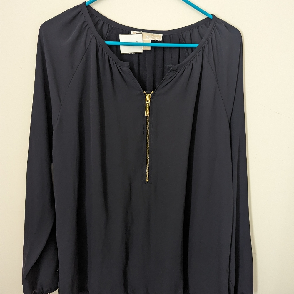 Michael Kors Navy half zip chiffon top Small